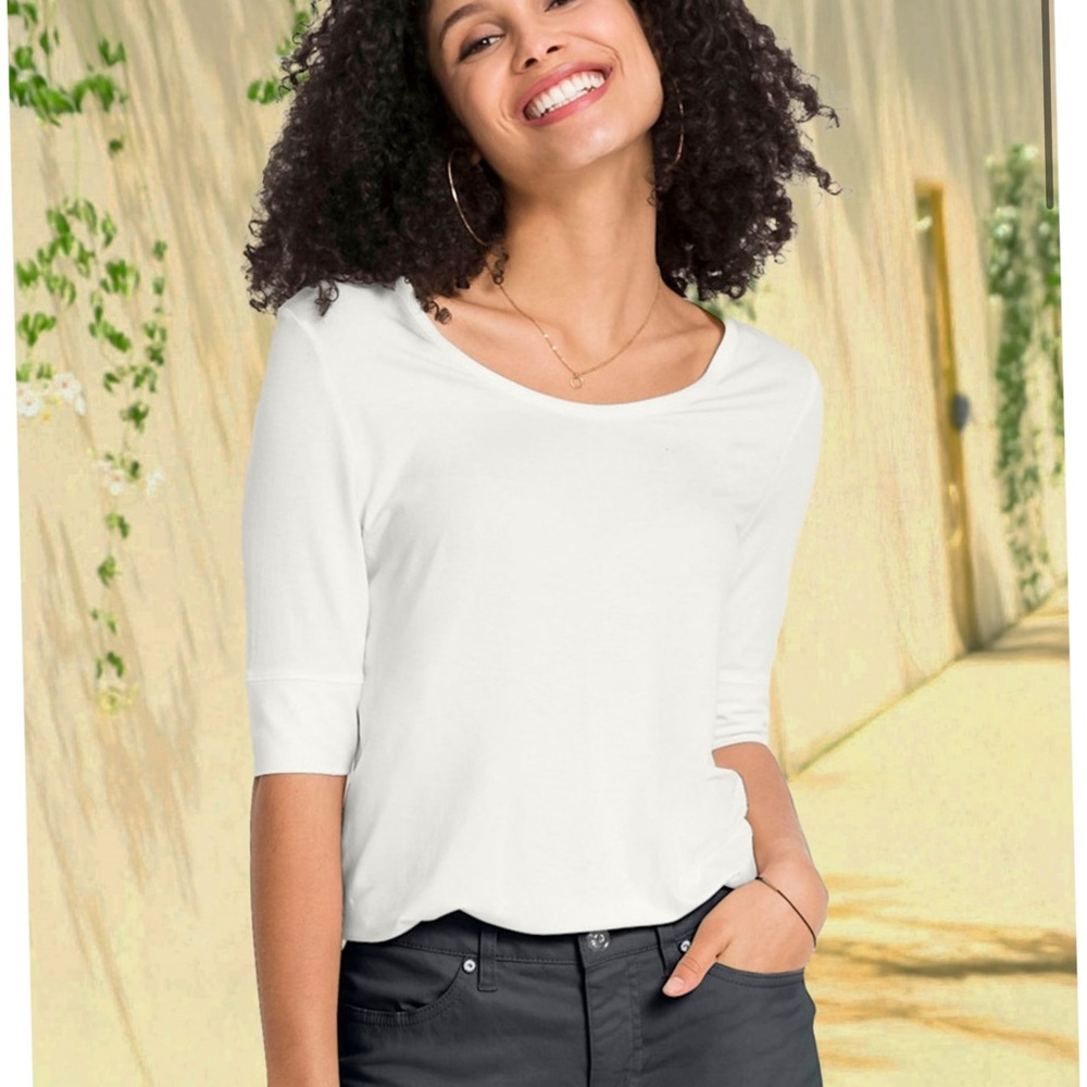 Women's 🫐 White Scoop Neck Elbow Sleeve T-shirt Top